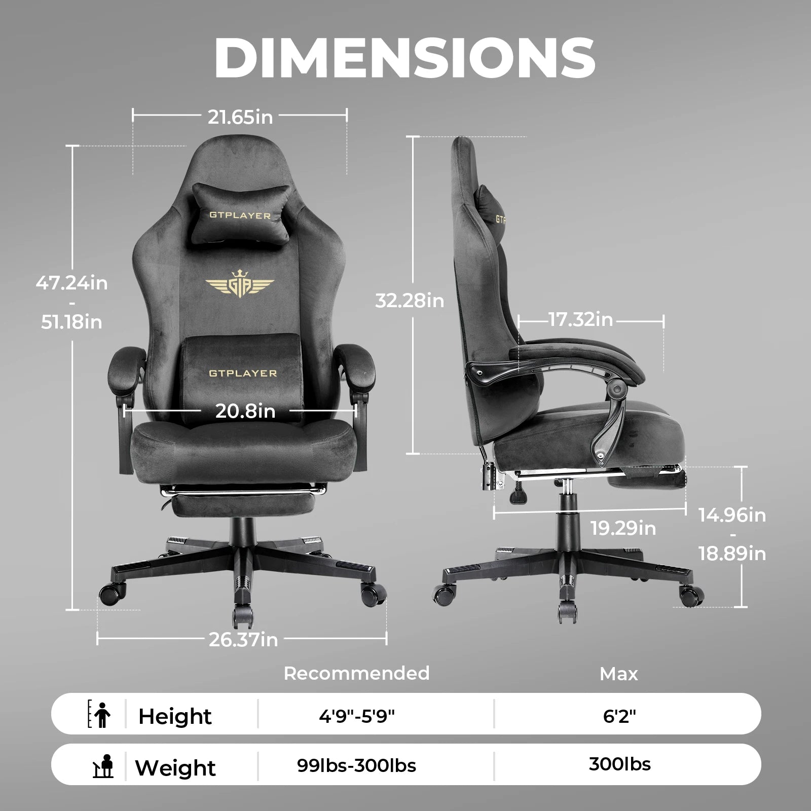 Big and Tall Fabric Gaming Chair, 350 lb Capacity