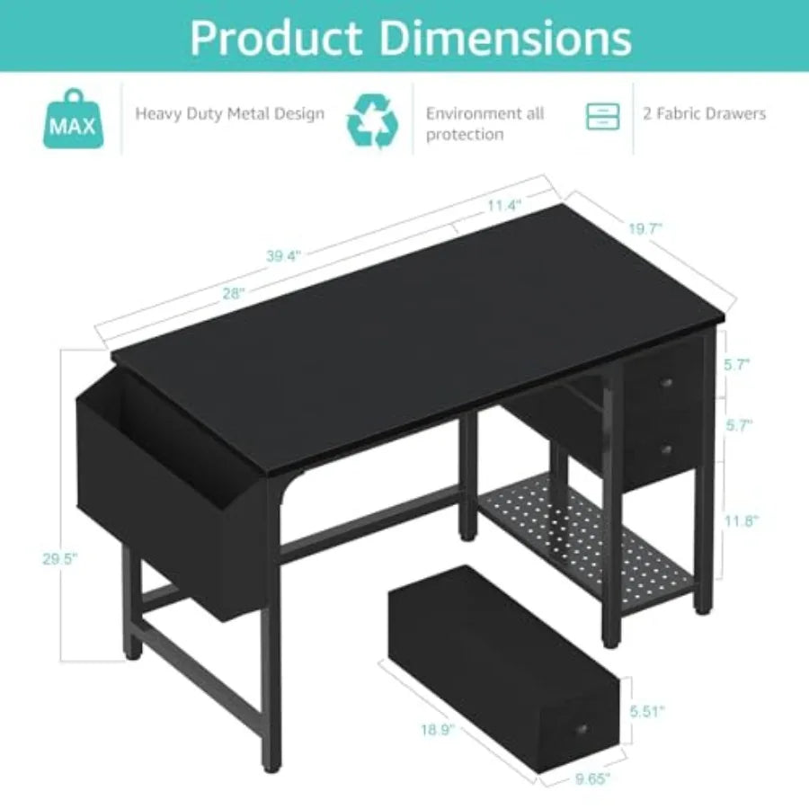 40 Inch Desk with Fabric Drawers for Small Spaces
