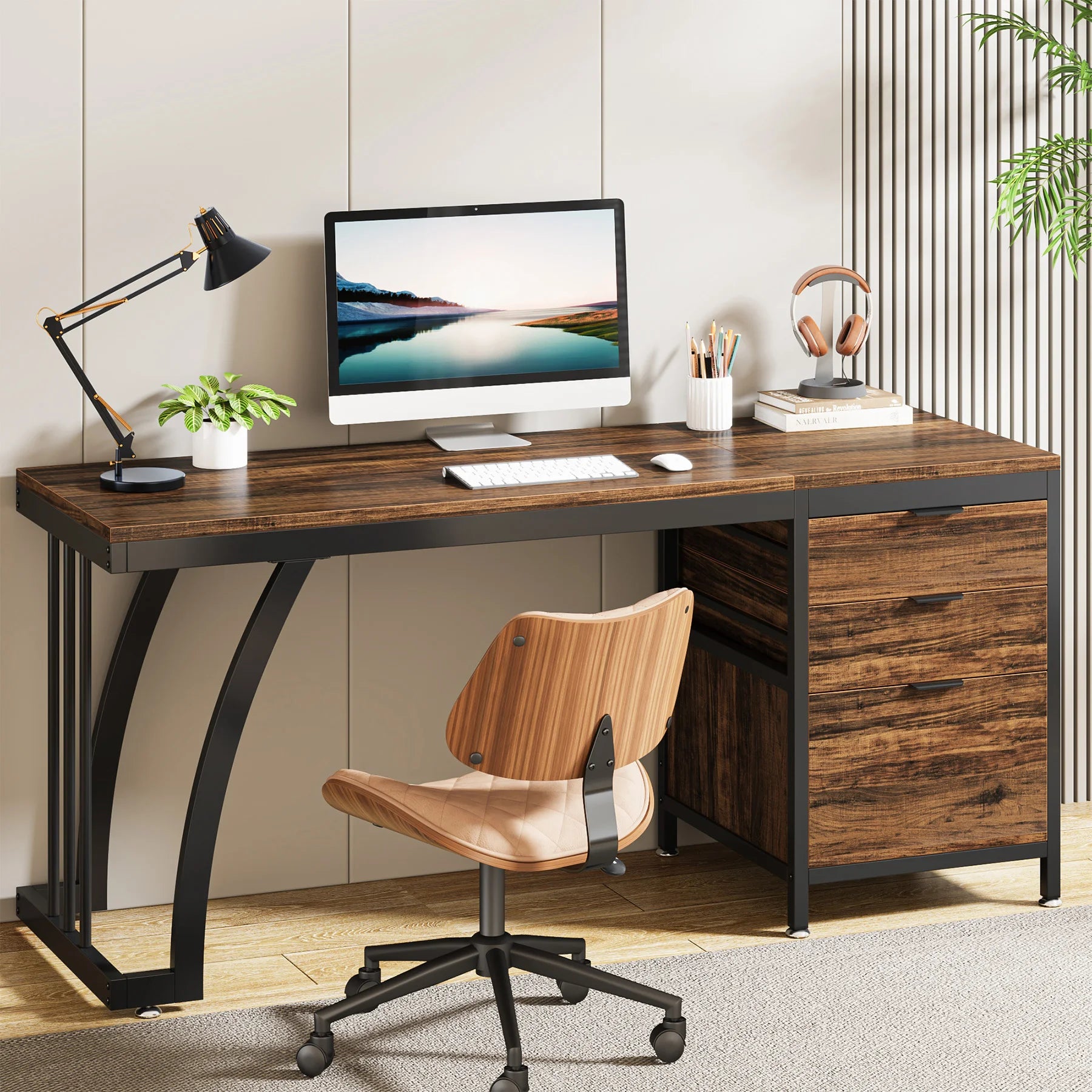 59 Inch Desk with Three Reversible Drawers