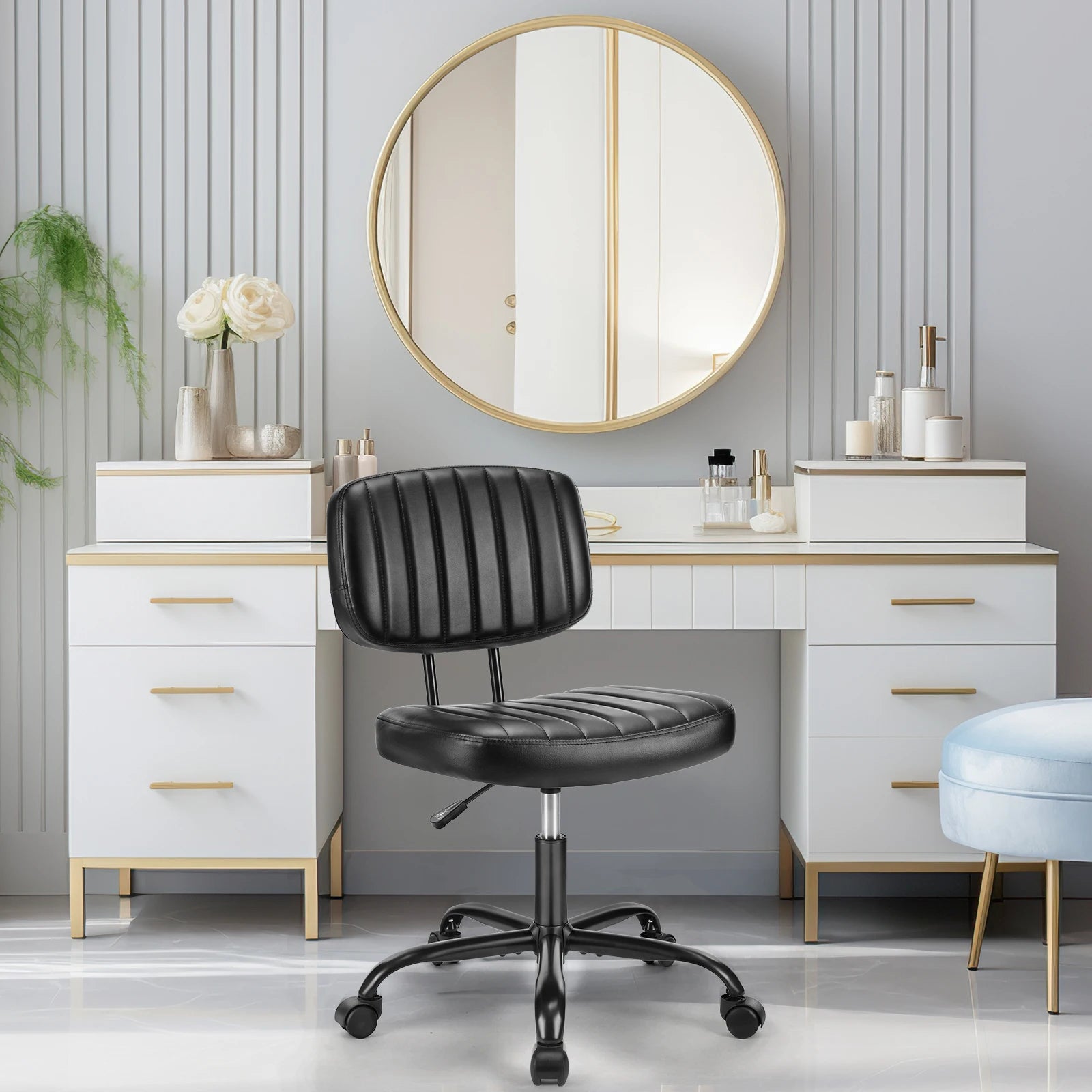 Armless Leather Office Chair with Swivel Base