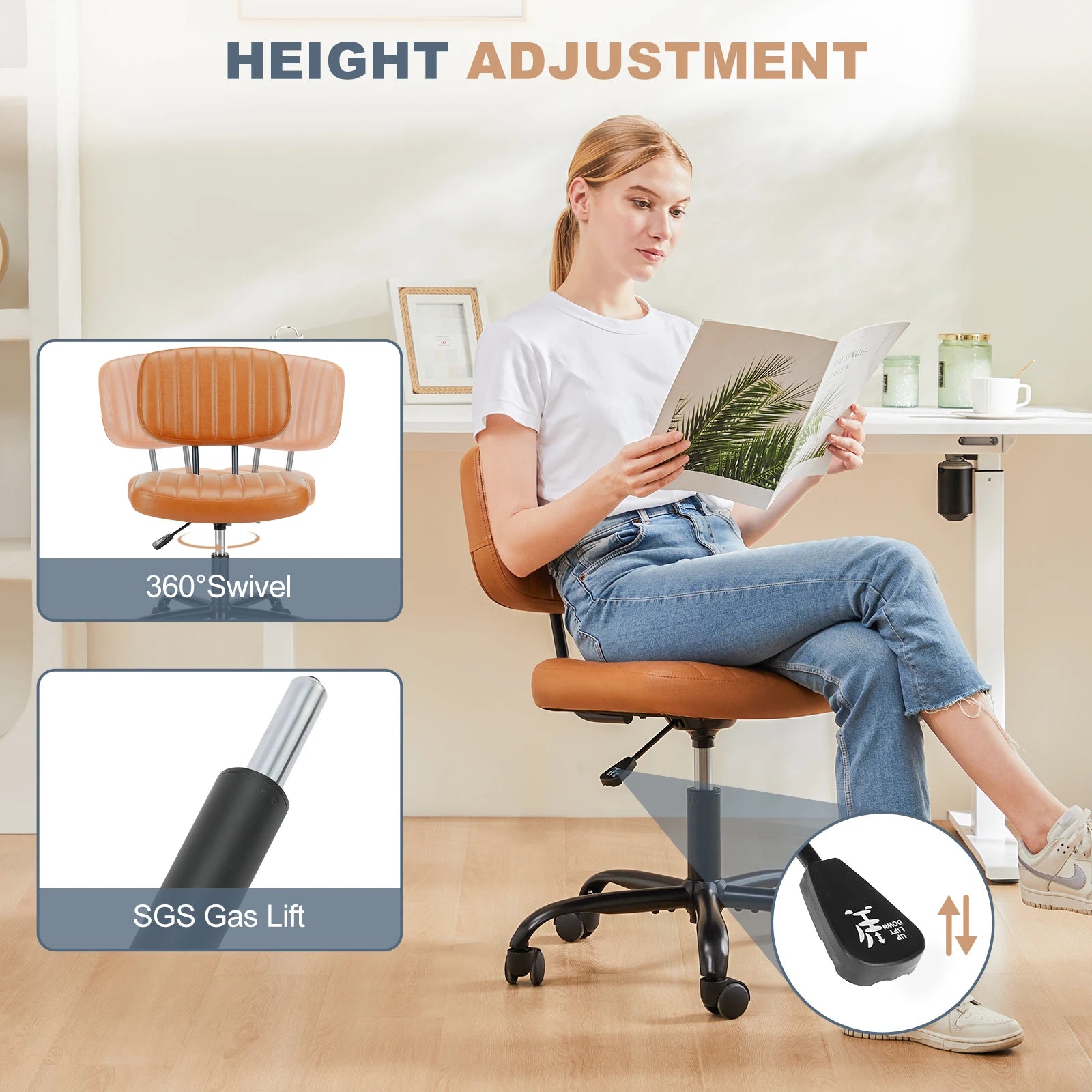 Armless Leather Office Chair with Swivel Base