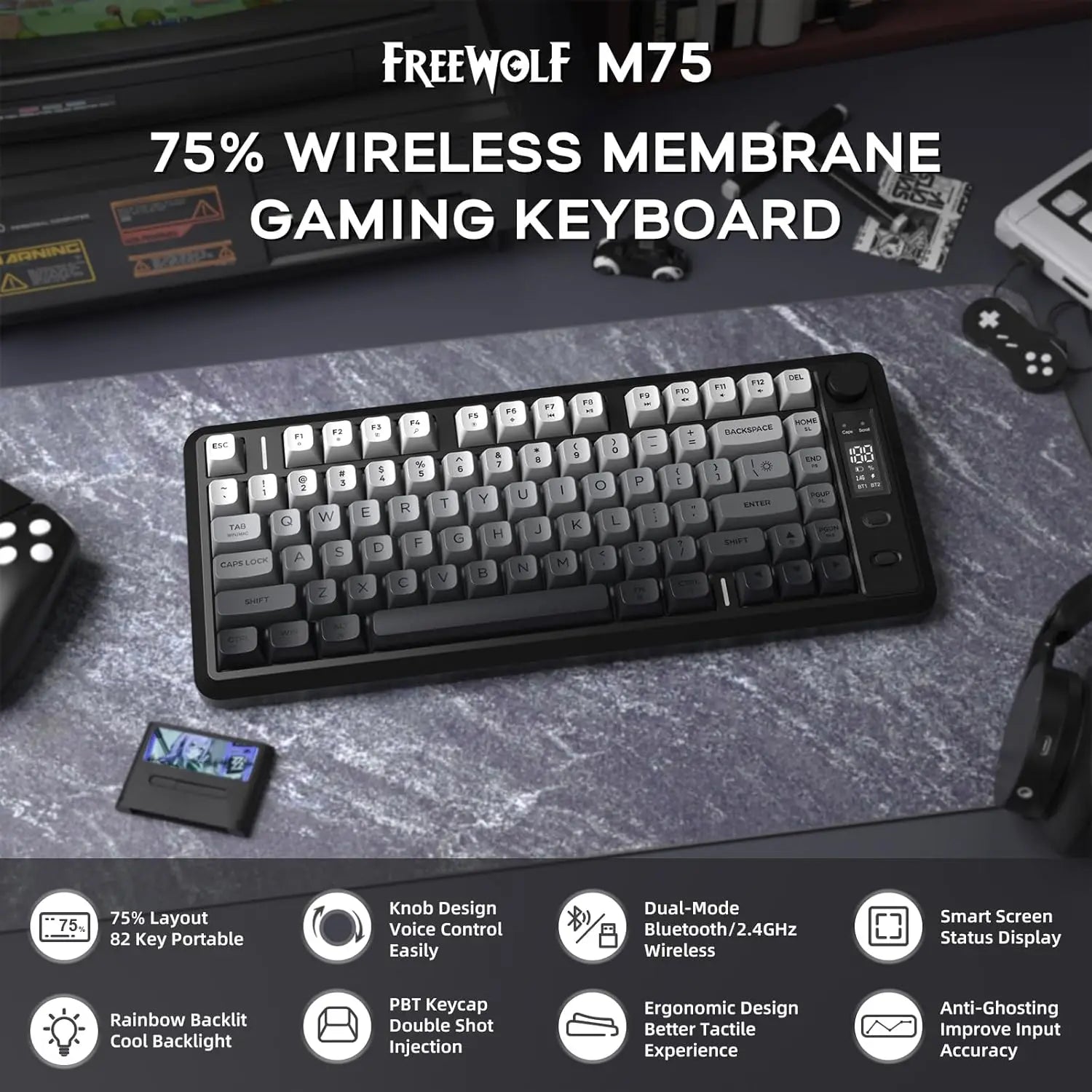Wireless Gaming Keyboard with Knob and OLED Display