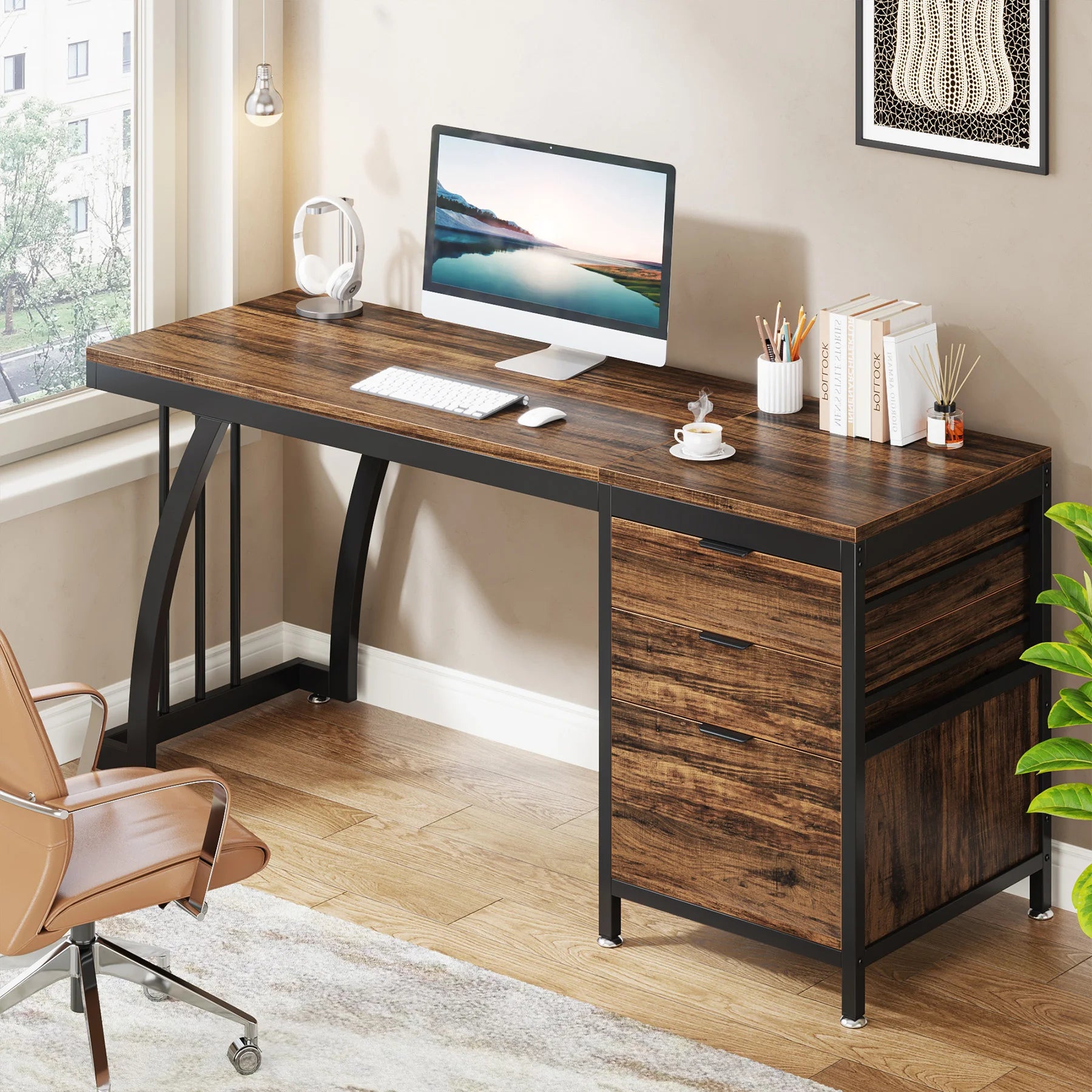 59 Inch Desk with Three Reversible Drawers