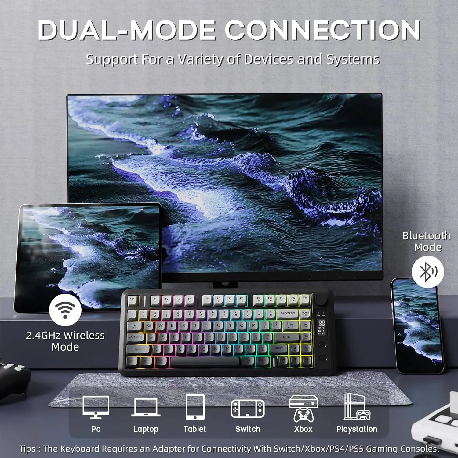Wireless Gaming Keyboard with Knob and OLED Display