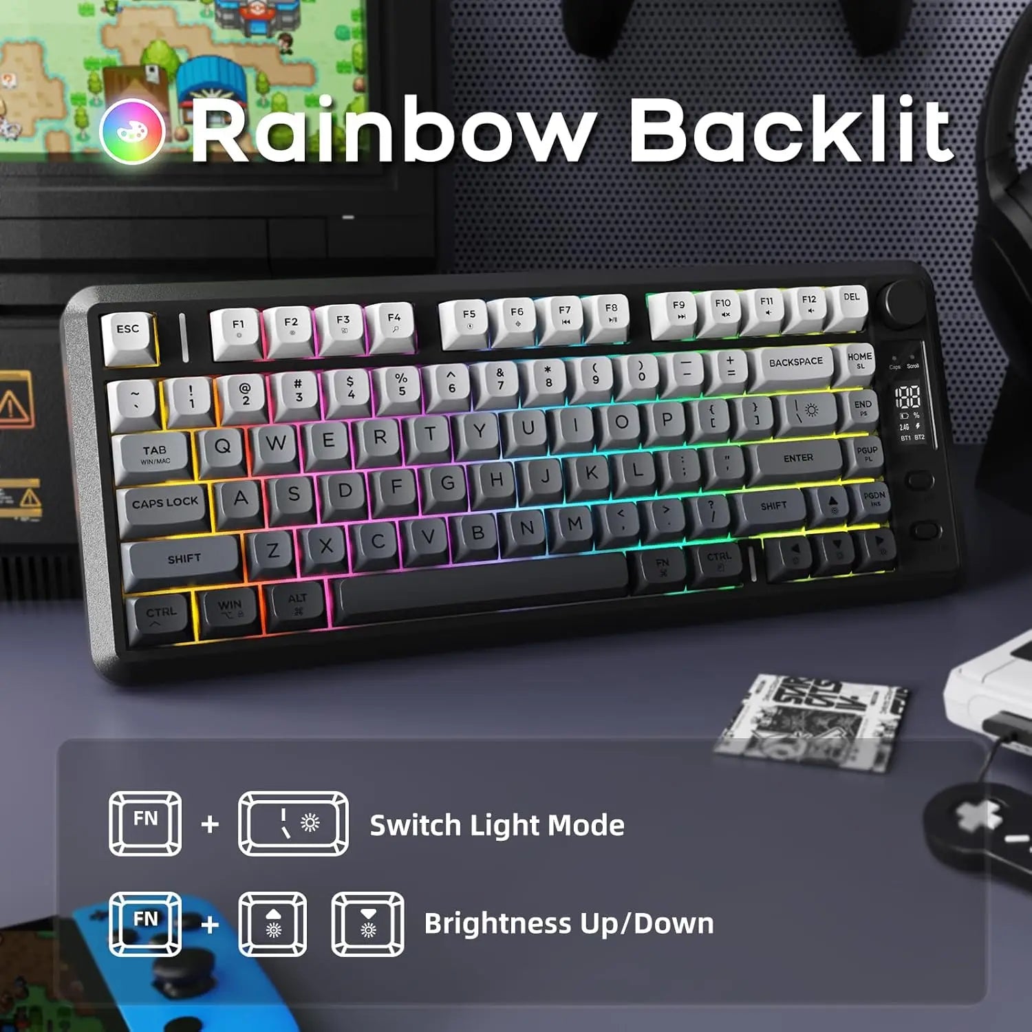 Wireless Gaming Keyboard with Knob and OLED Display