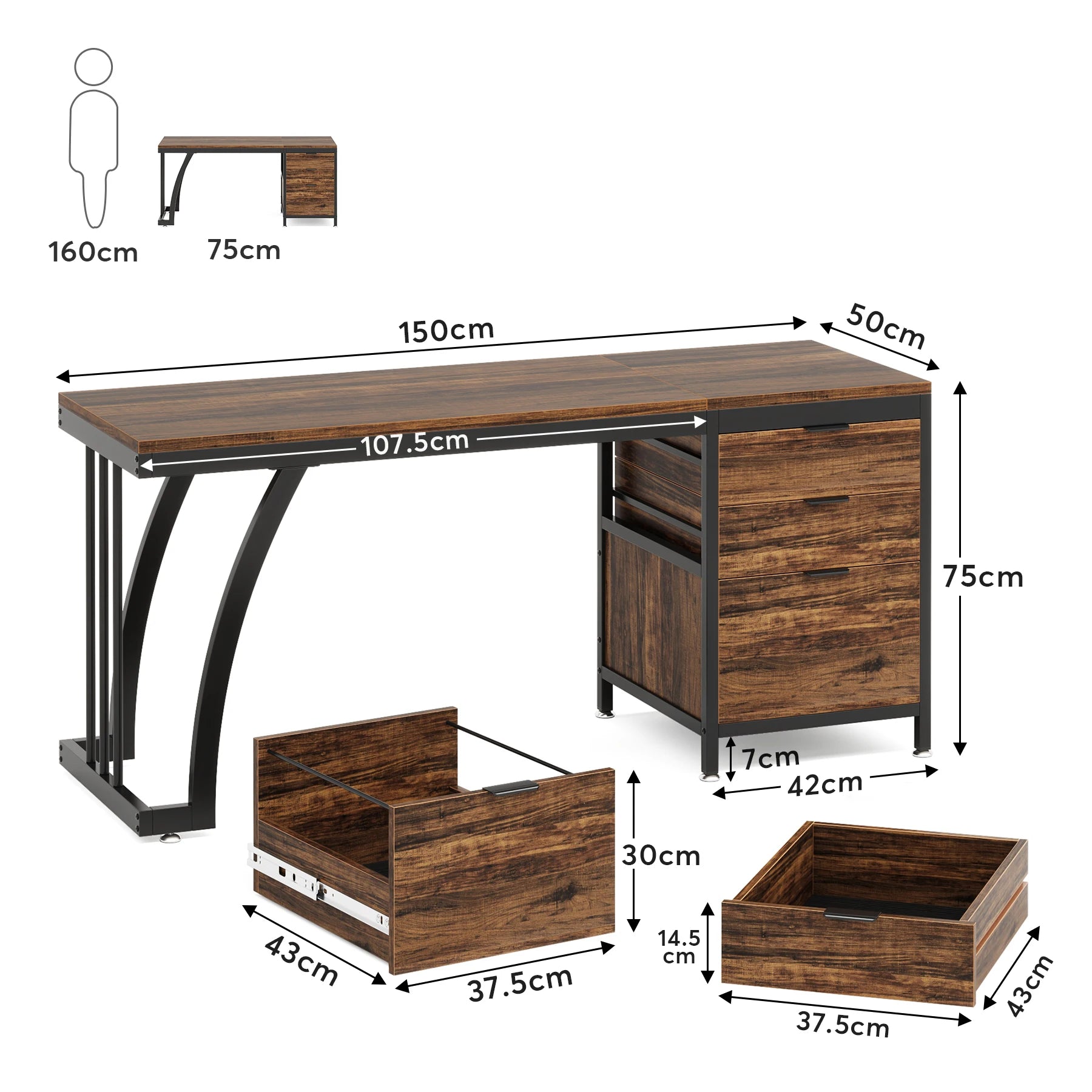 59 Inch Desk with Three Reversible Drawers