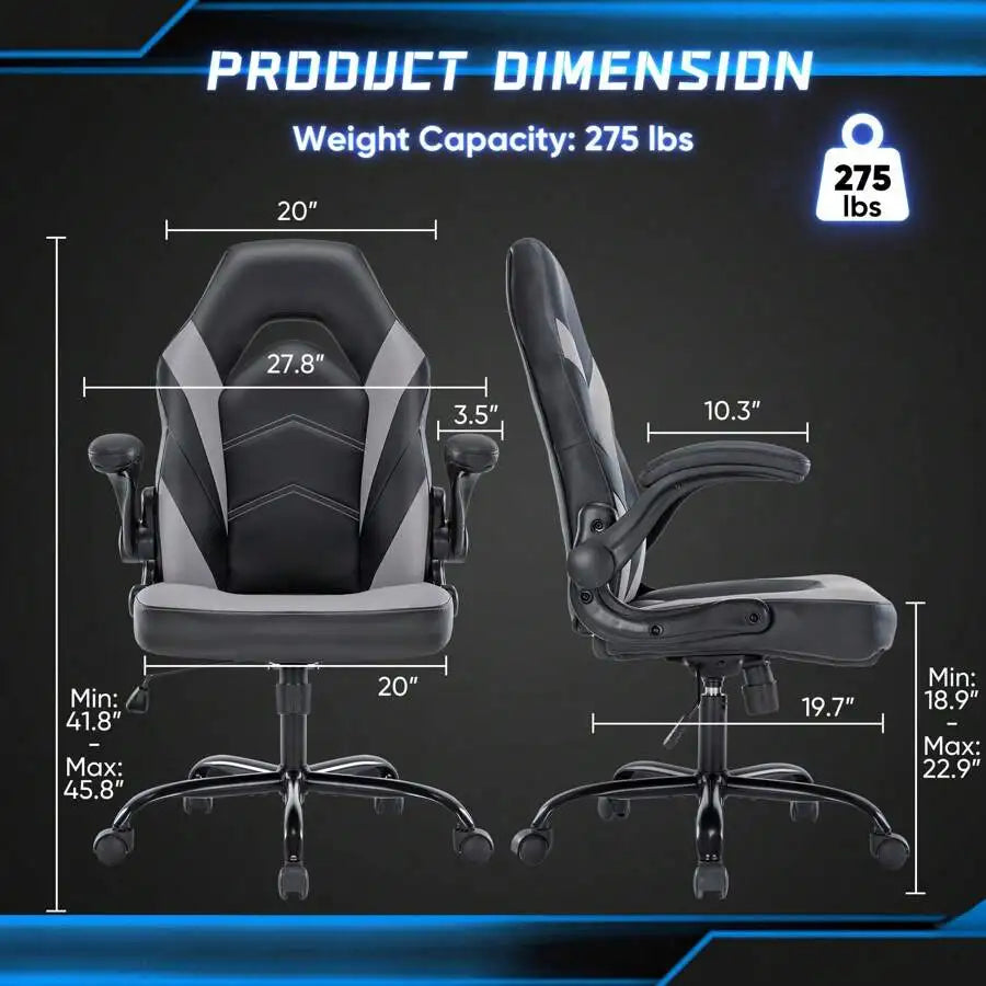 Big and Tall Leather Gaming Chair with Flip-Up Arms