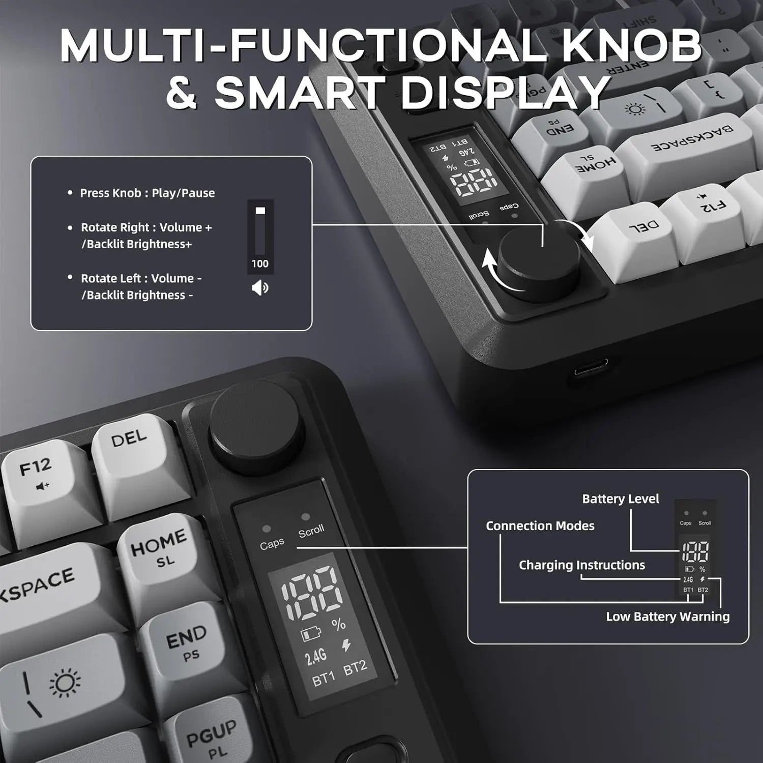 Wireless Gaming Keyboard with Knob and OLED Display