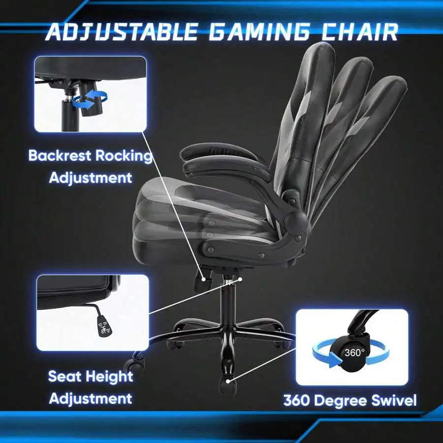 Big and Tall Leather Gaming Chair with Flip-Up Arms