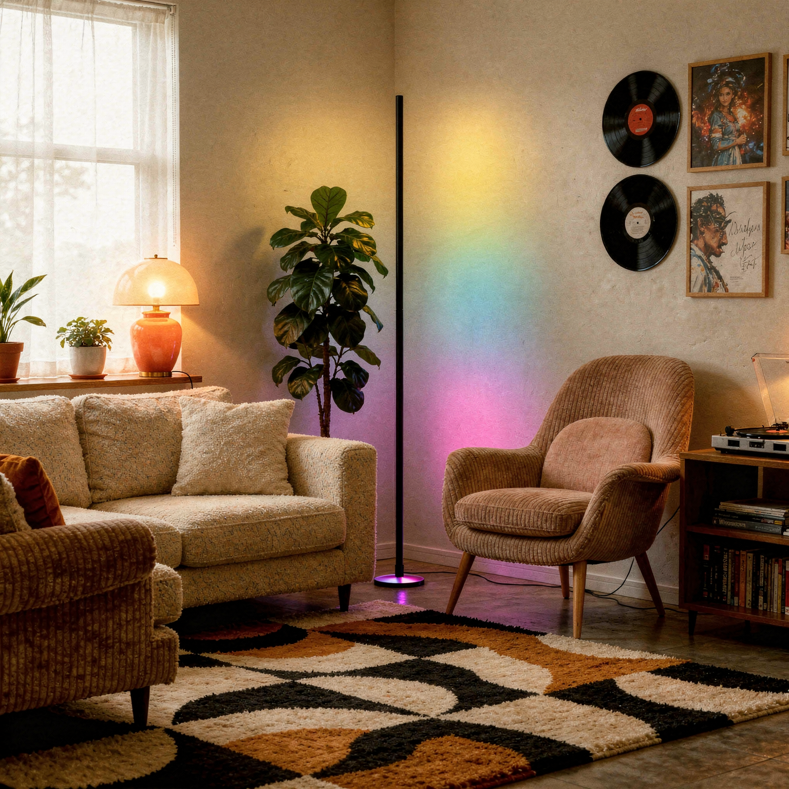 Corner RGB floor lamp in a styled living room