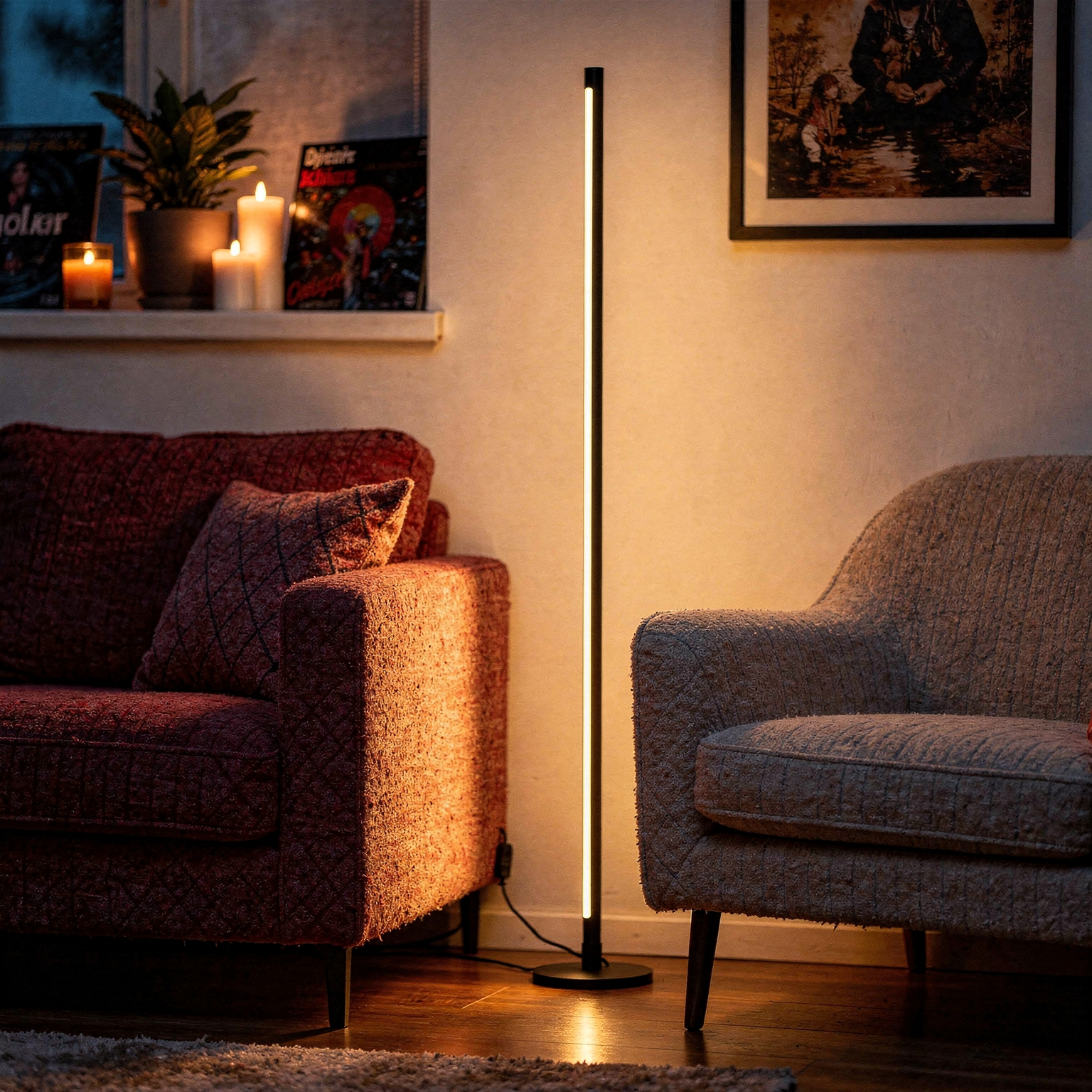 Corner RGB floor lamp hero angle with warm evening lighting