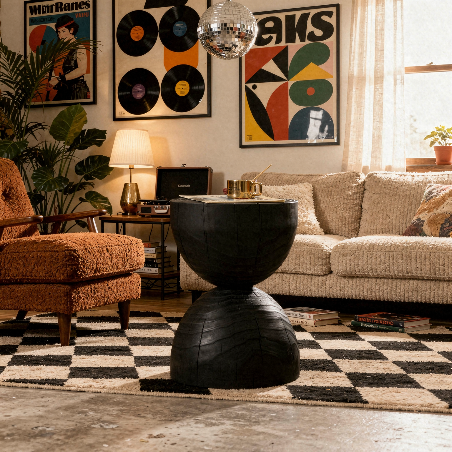 Mango wood round side table in a styled living room