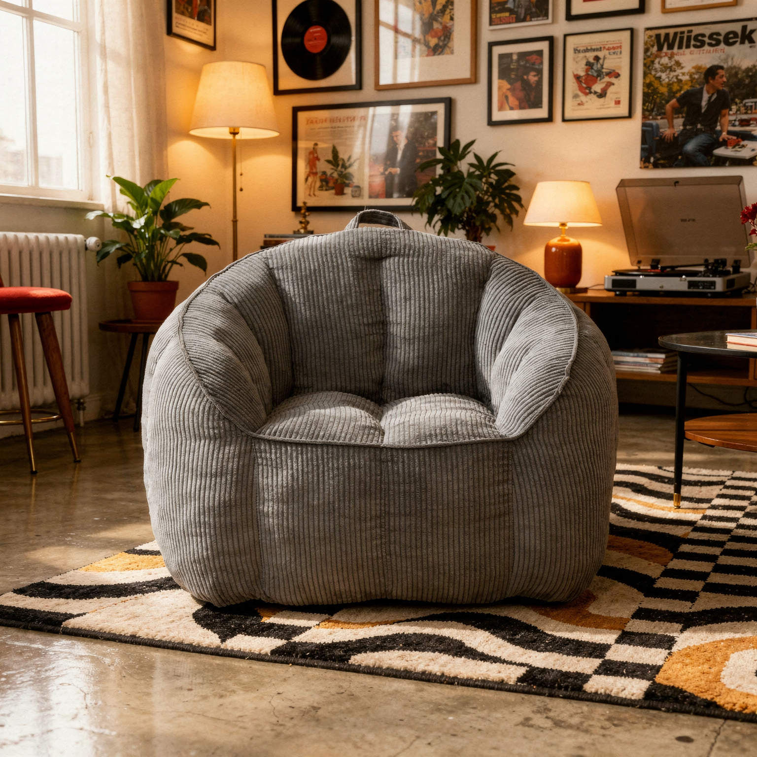 Giant corduroy bean bag chair in a styled living room