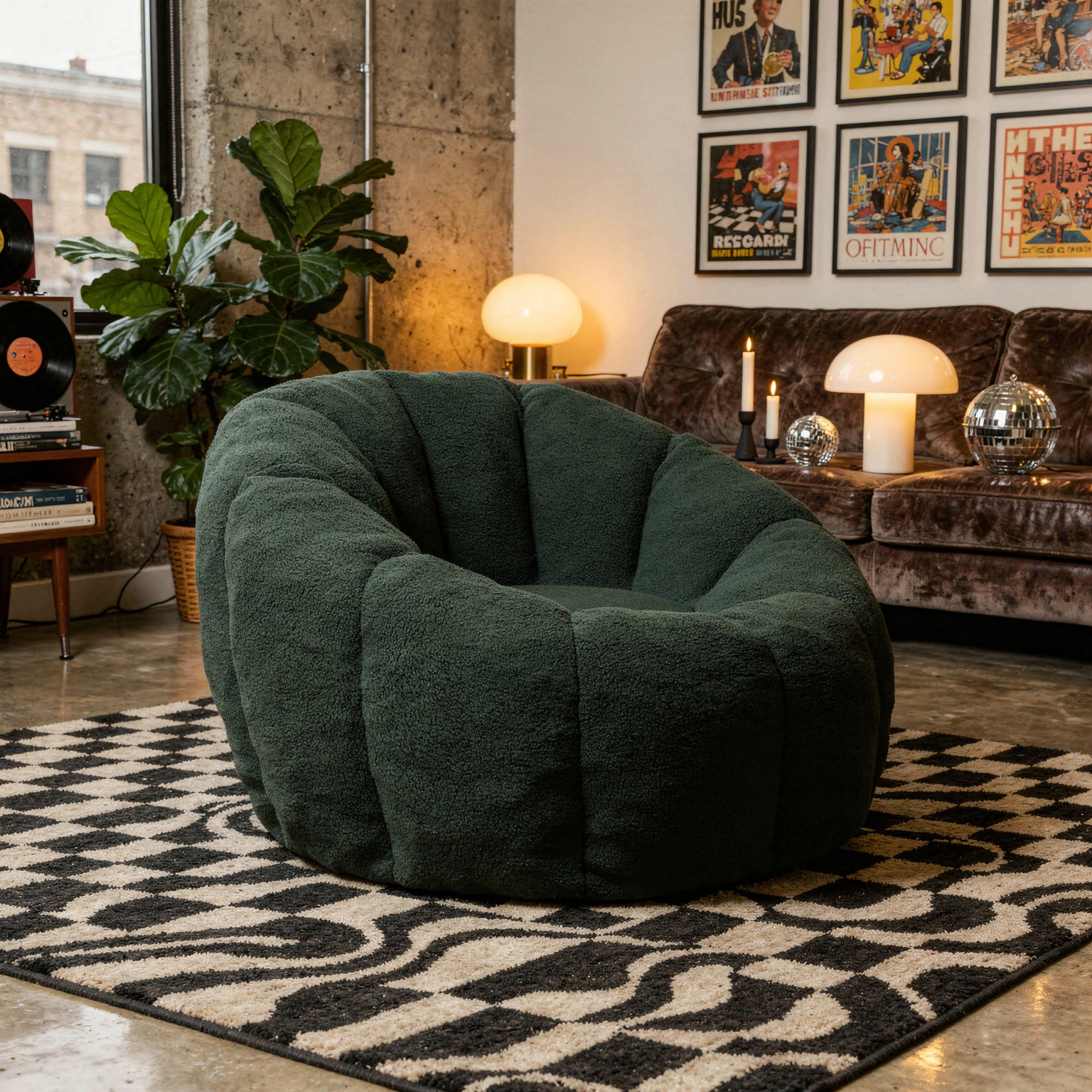 Bean bag chair with armrests in a styled living room