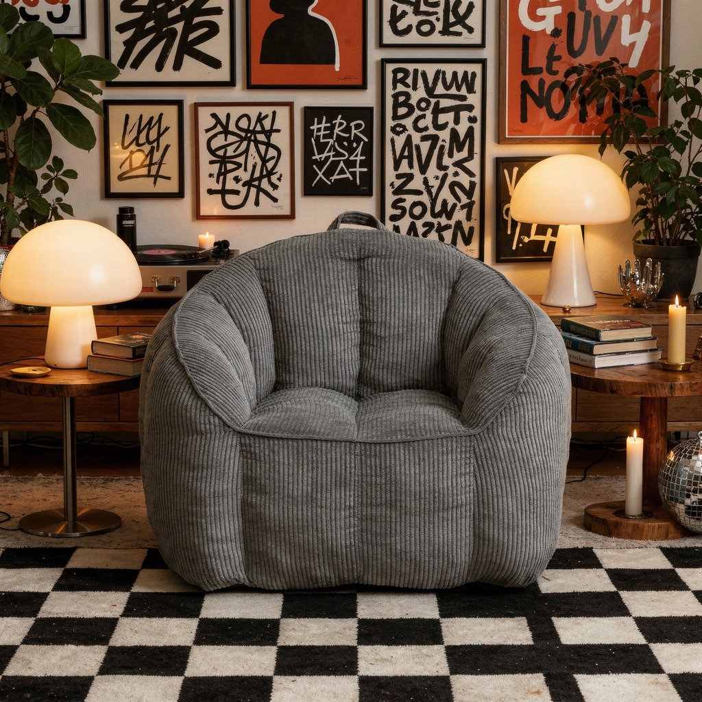 Giant corduroy bean bag chair straight-on vignette