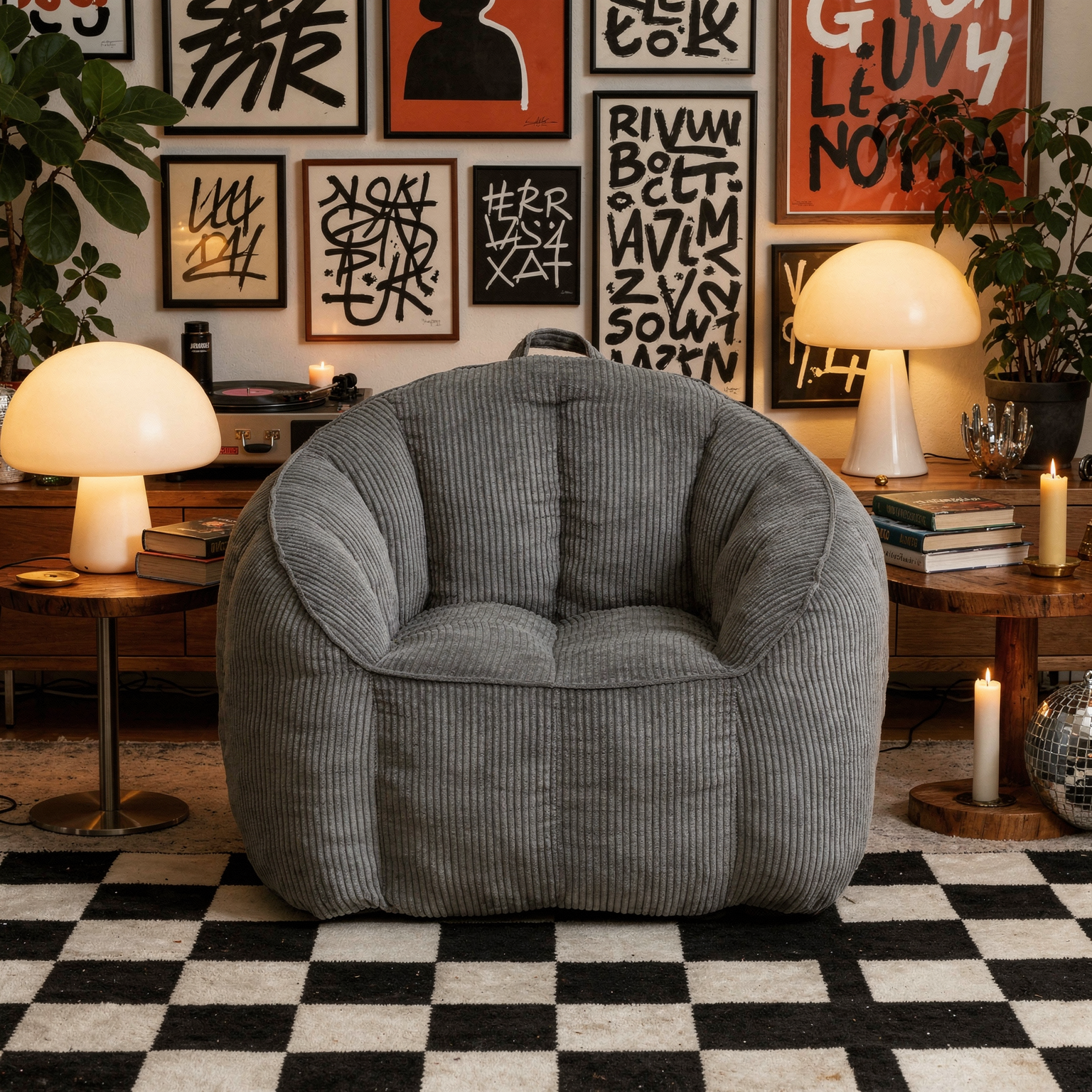 Giant corduroy bean bag chair straight-on vignette