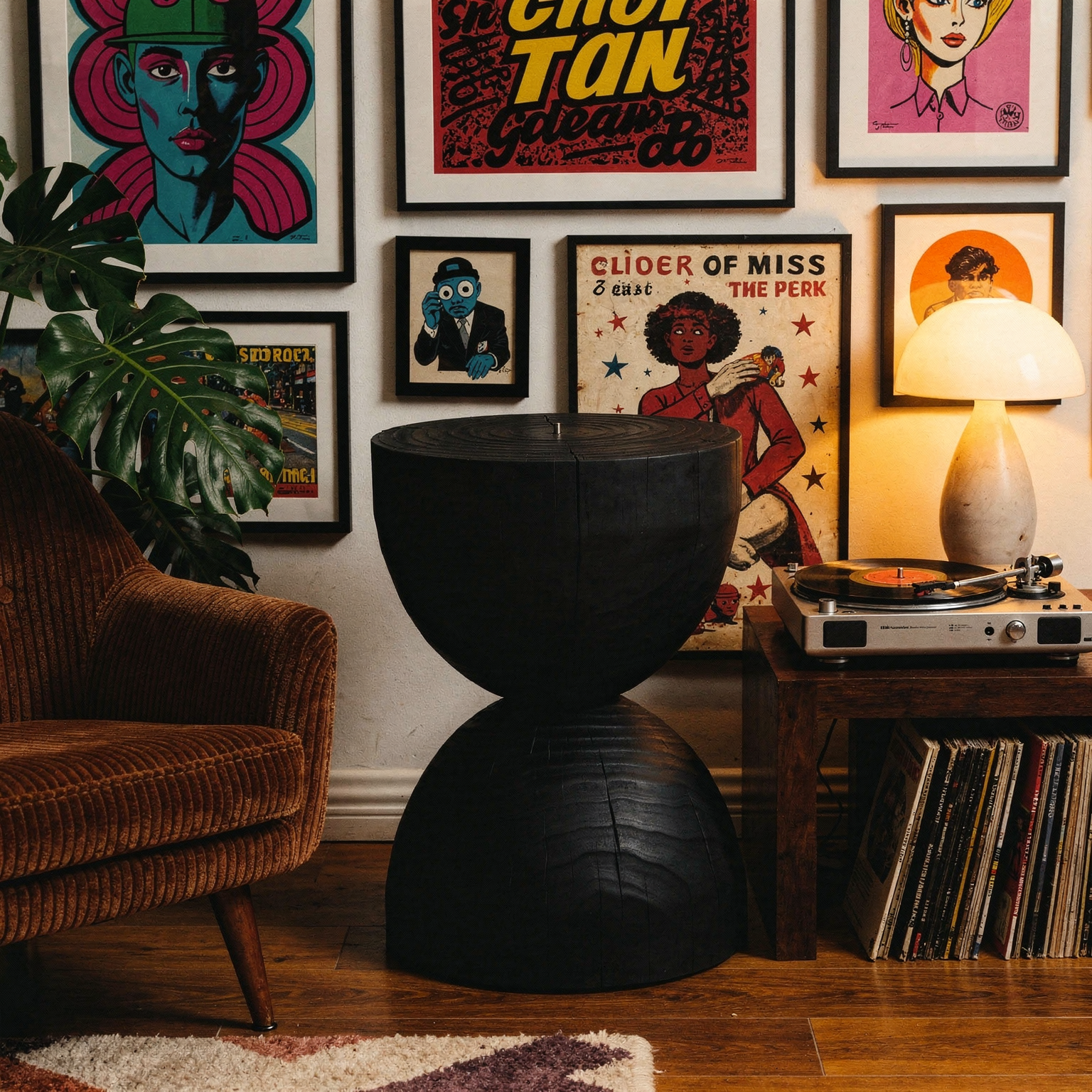 Mango wood round side table straight-on vignette