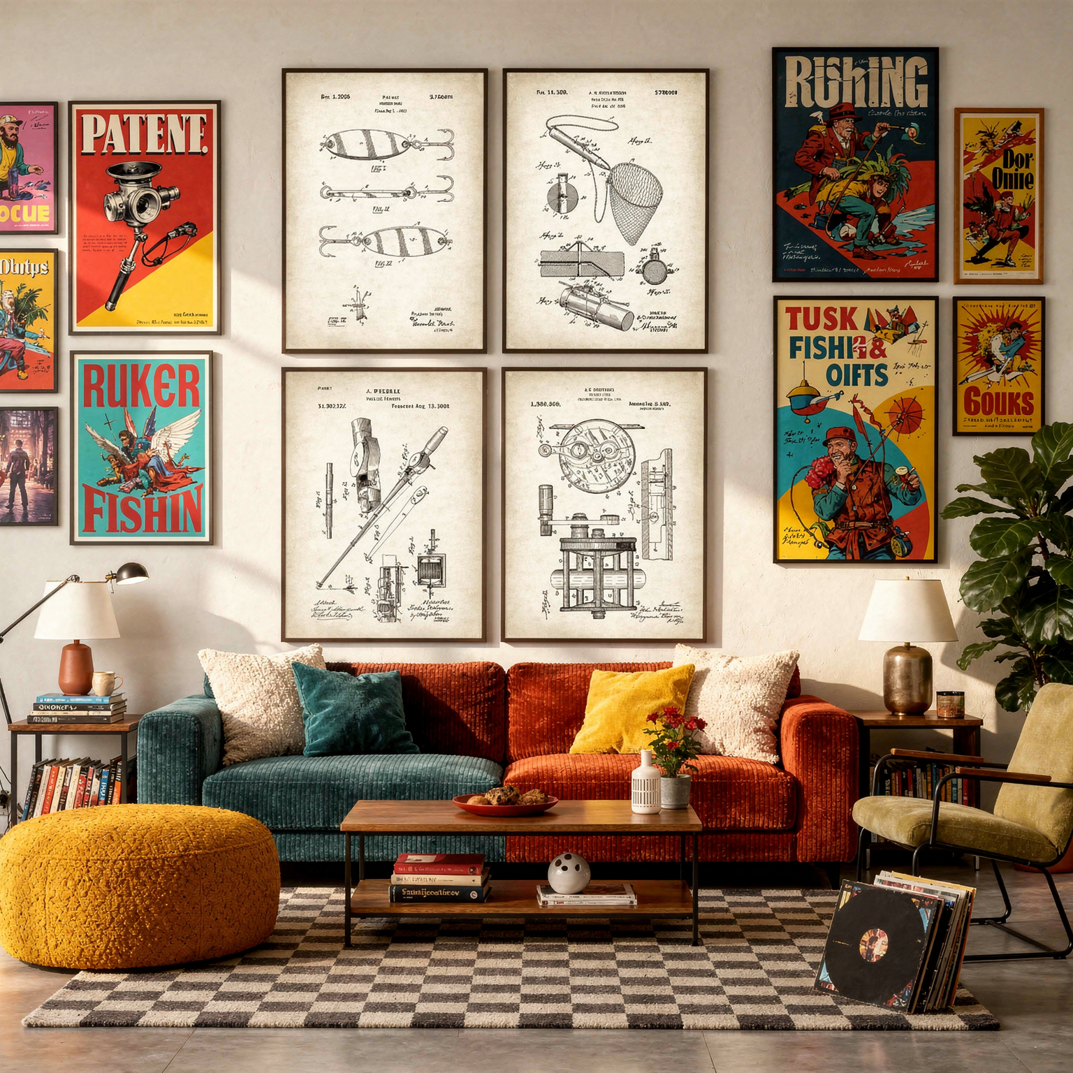 Vintage Fishing Lure Patent Chart Poster styled in a room
