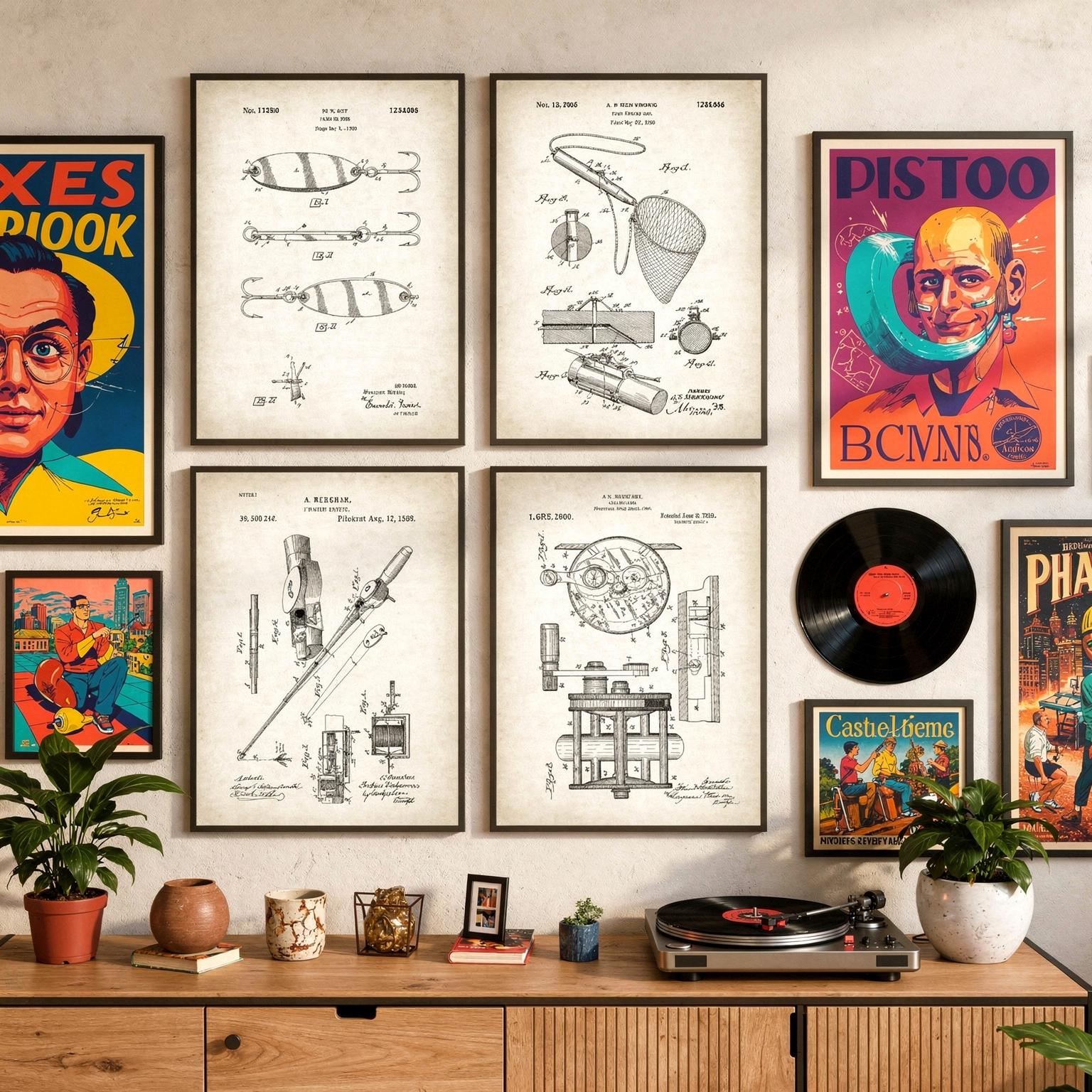Vintage Fishing Lure Patent Chart Poster eye-level vignette