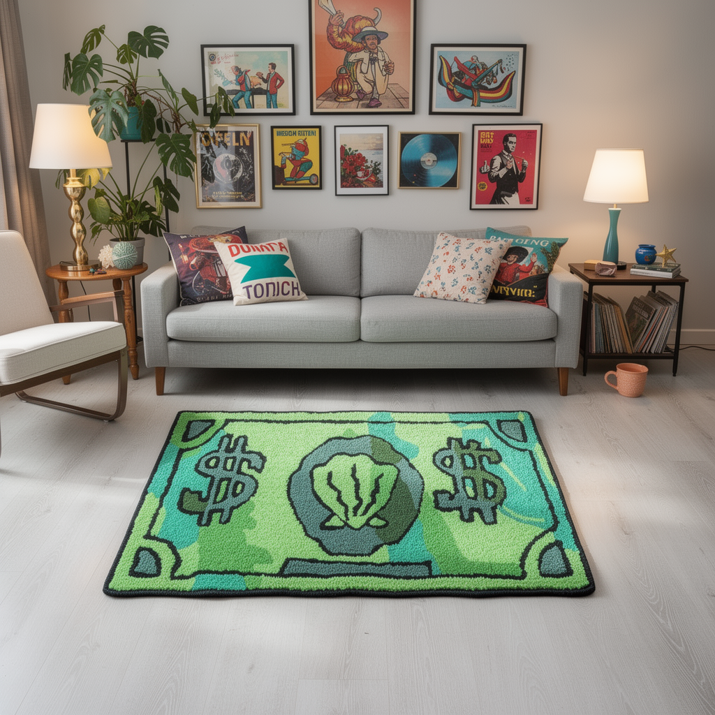 Coin decorative carpet floor mat in a styled room