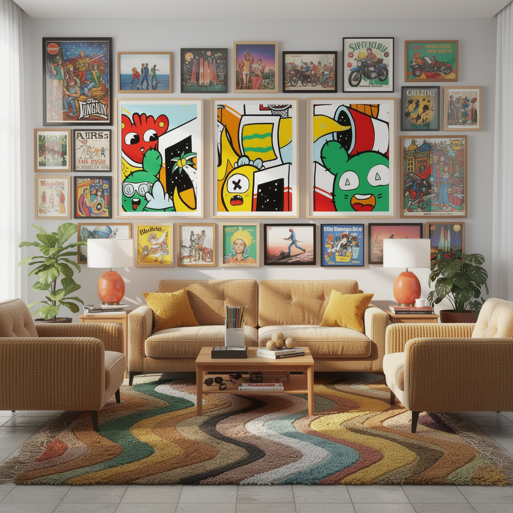 Cartoon graffiti 3 piece wall art poster set in a styled room