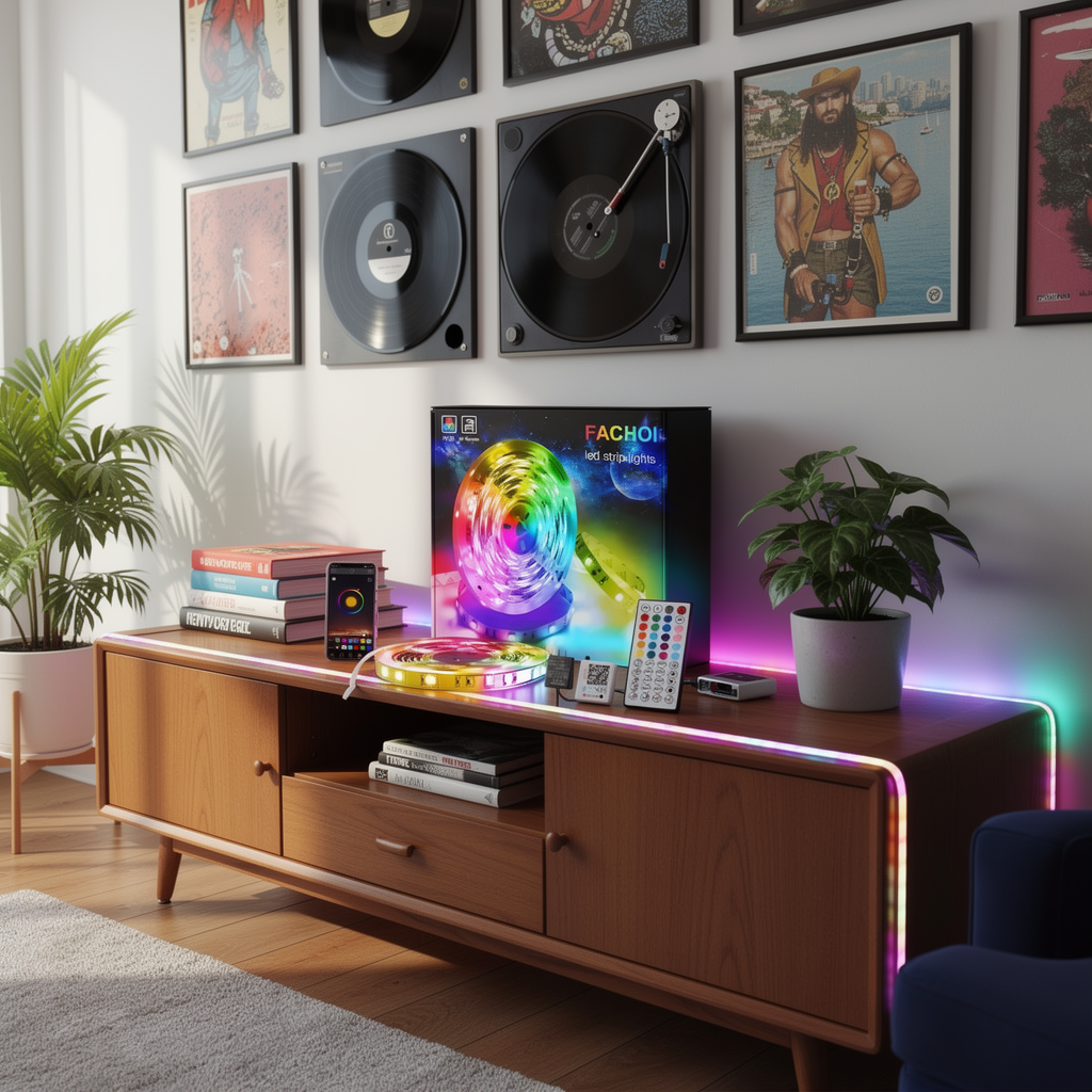 Color-changing RGB LED strip rope lights in a styled room