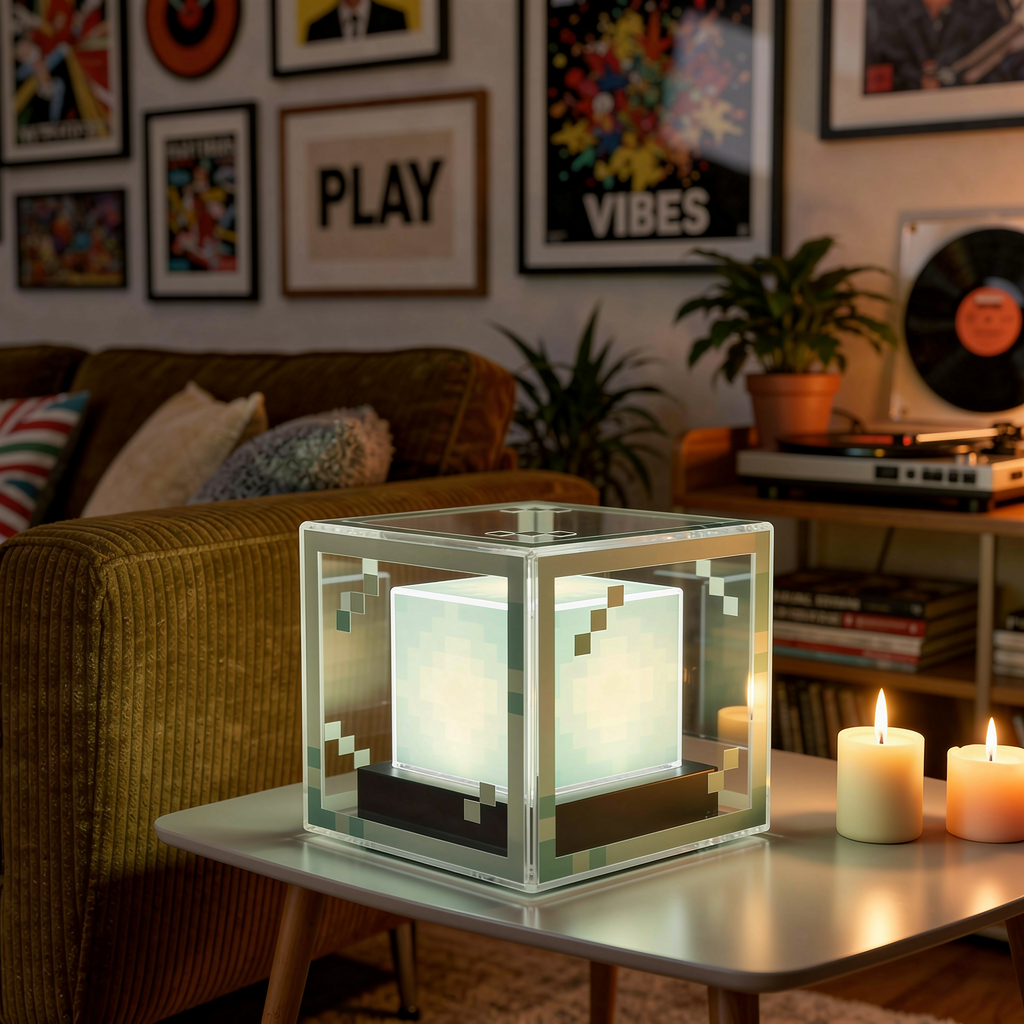 Pixel-style beacon lamp night light close-up hero shot