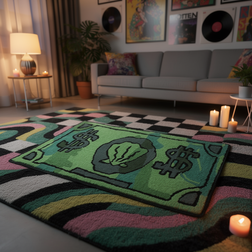 Coin decorative carpet floor mat close-up hero shot