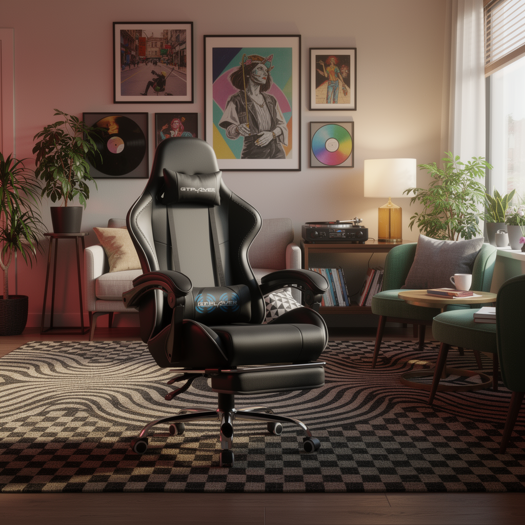 GTPLAYER gaming chair with footrest in a styled room