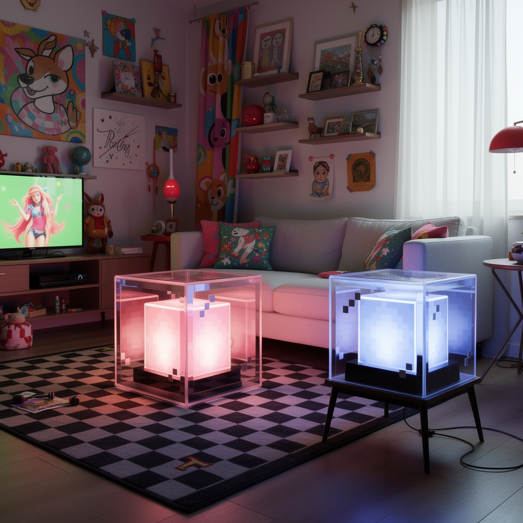 Pixel-style beacon lamp desktop night light in a styled room