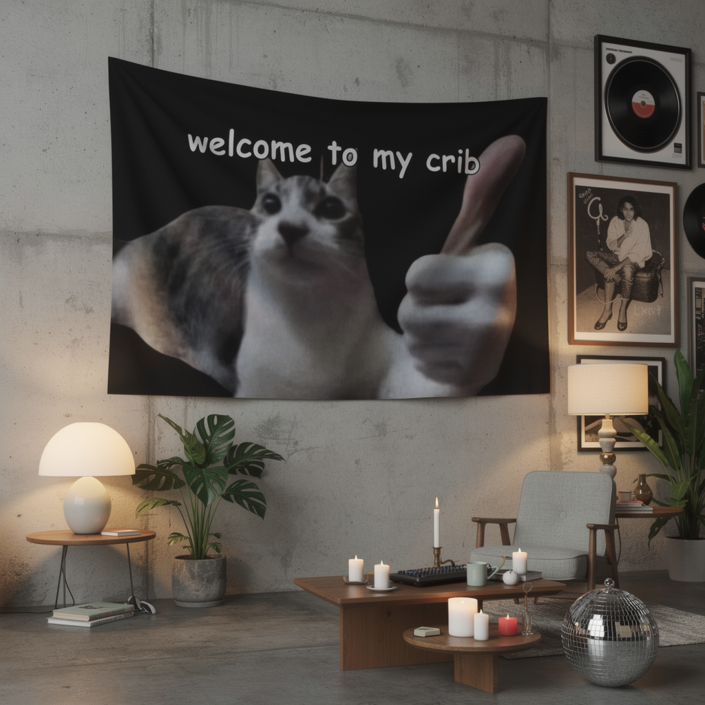 Welcome To My Crib cat tapestry close-up hero shot