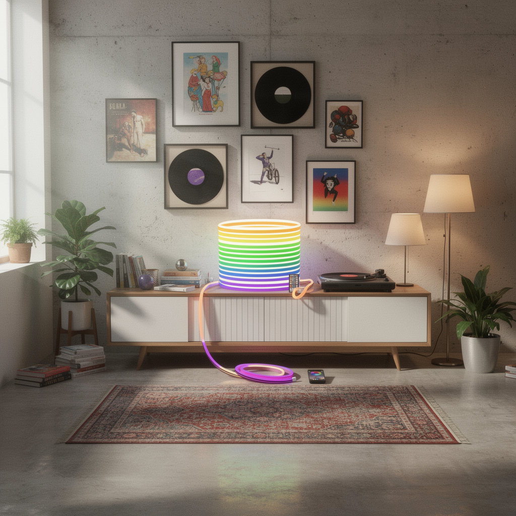 Neon LED rope lights styled in a bedroom