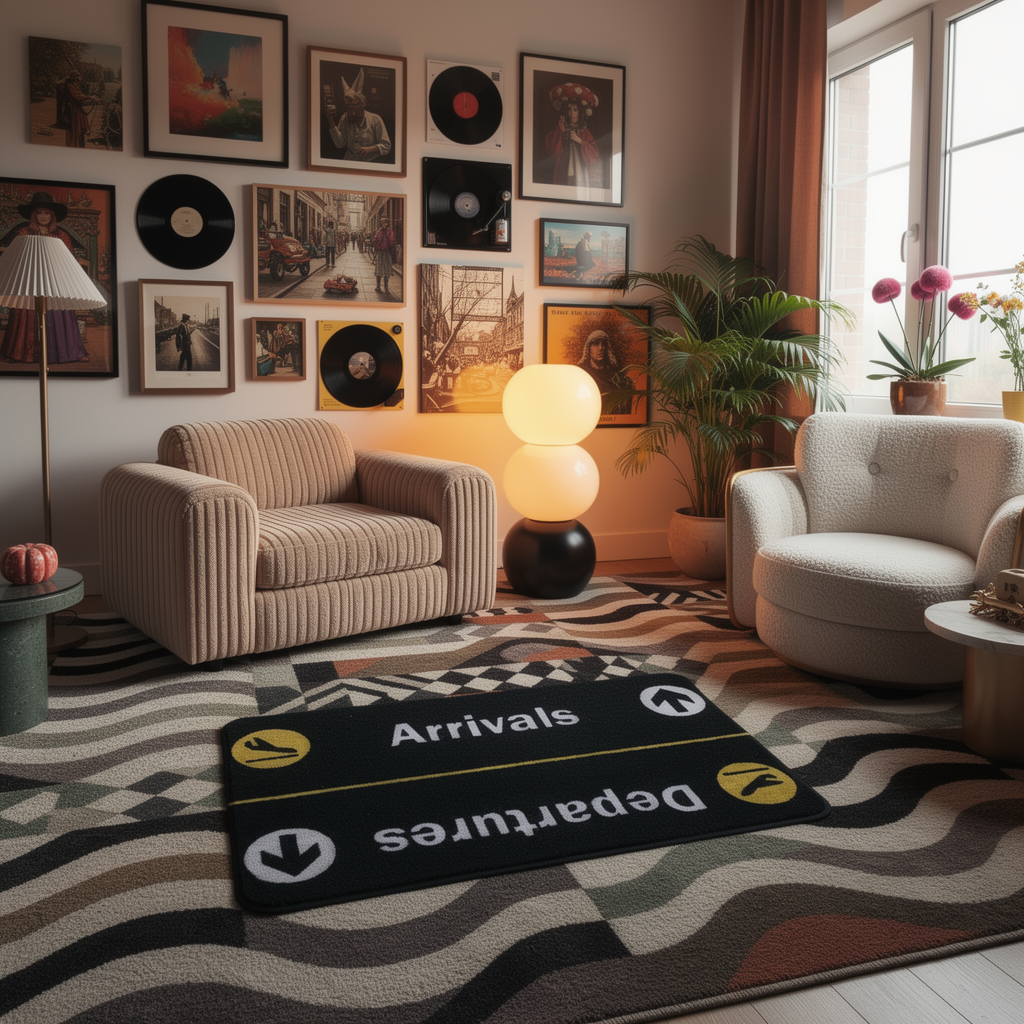 Arrival and departure flight theme doormat in an entryway