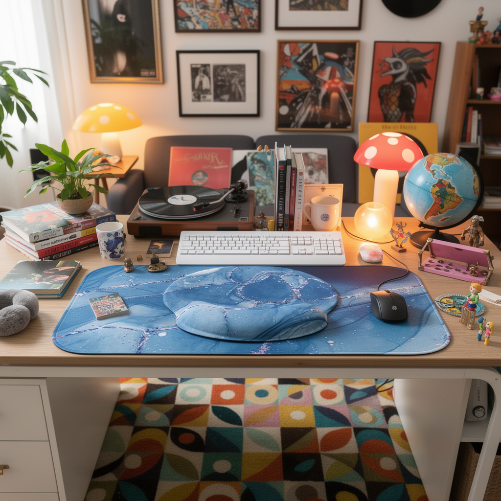 Mouse pad with gel wrist rest on a styled desk