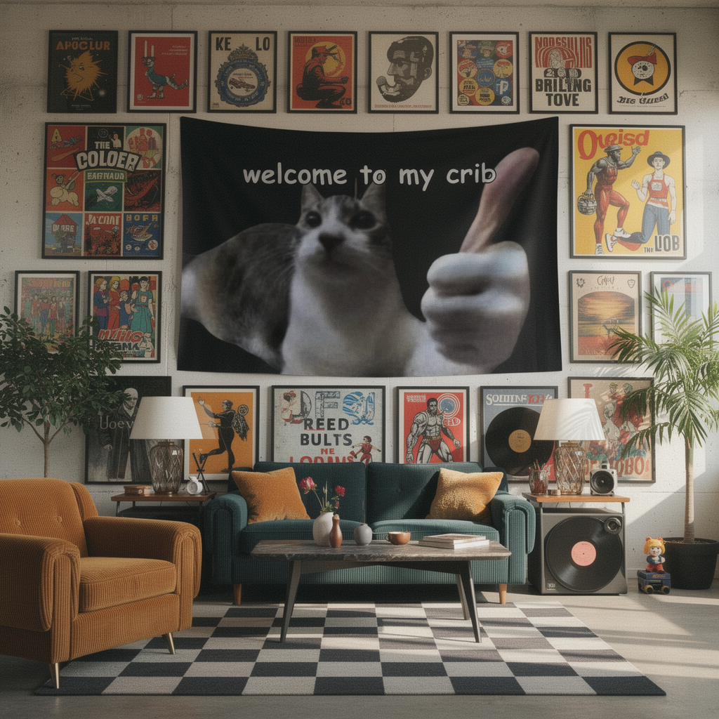 Welcome To My Crib cat tapestry hanging on a wall