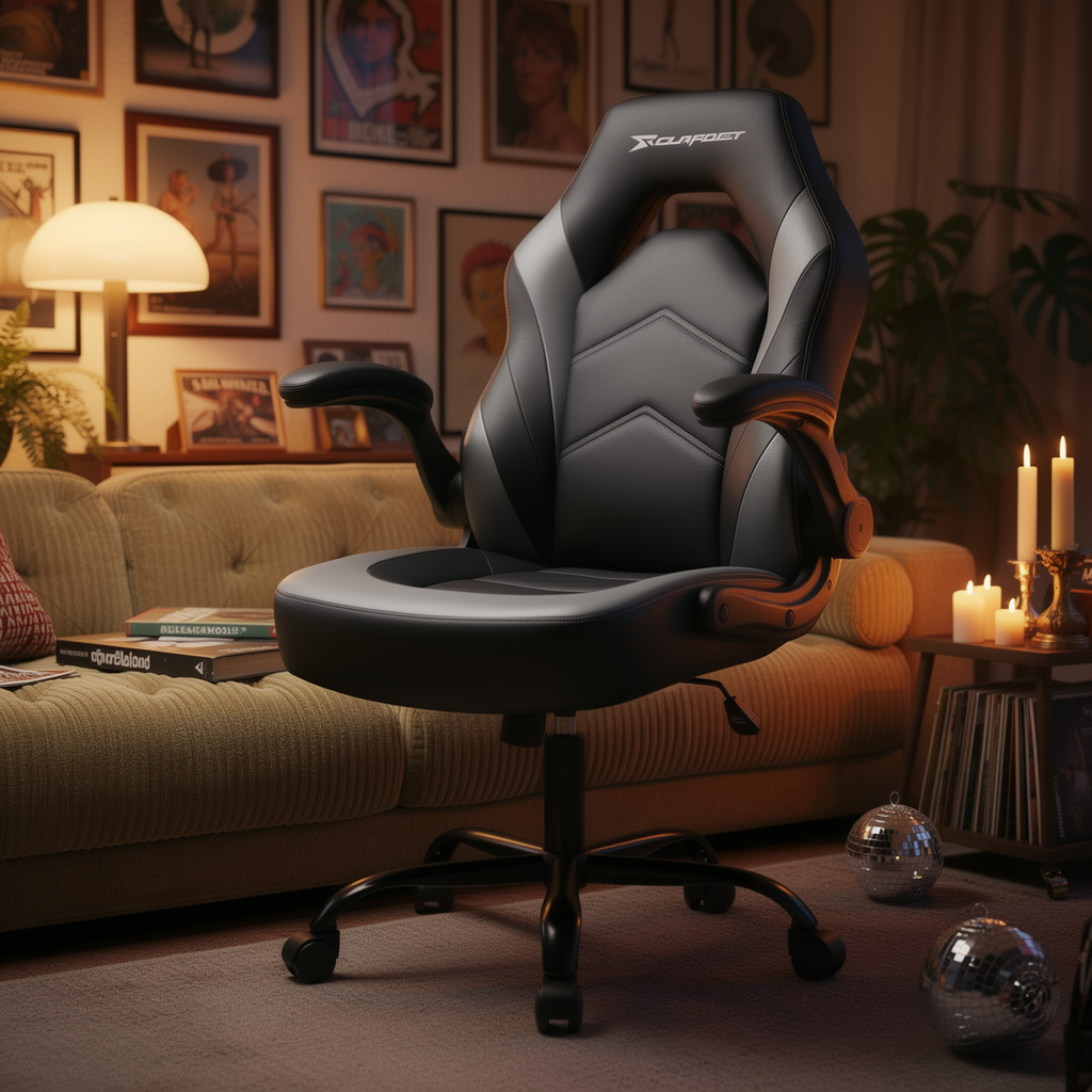 Leather gaming chair with flip-up arms close-up hero shot