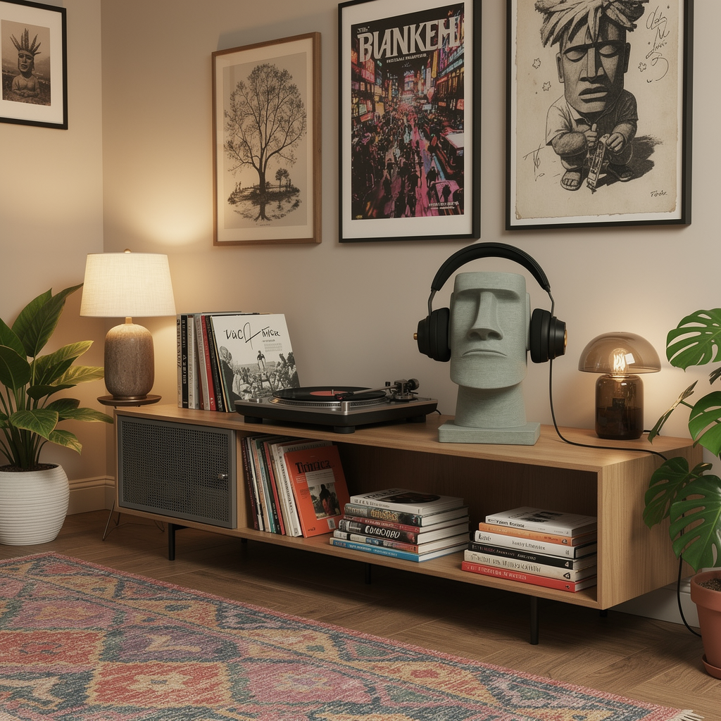 Easter Island Moai head headphone stand on a styled desk