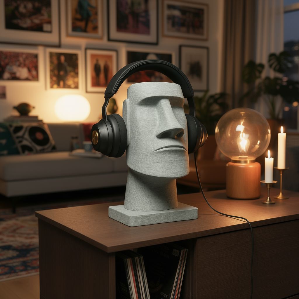 Moai head headphone stand close-up hero shot