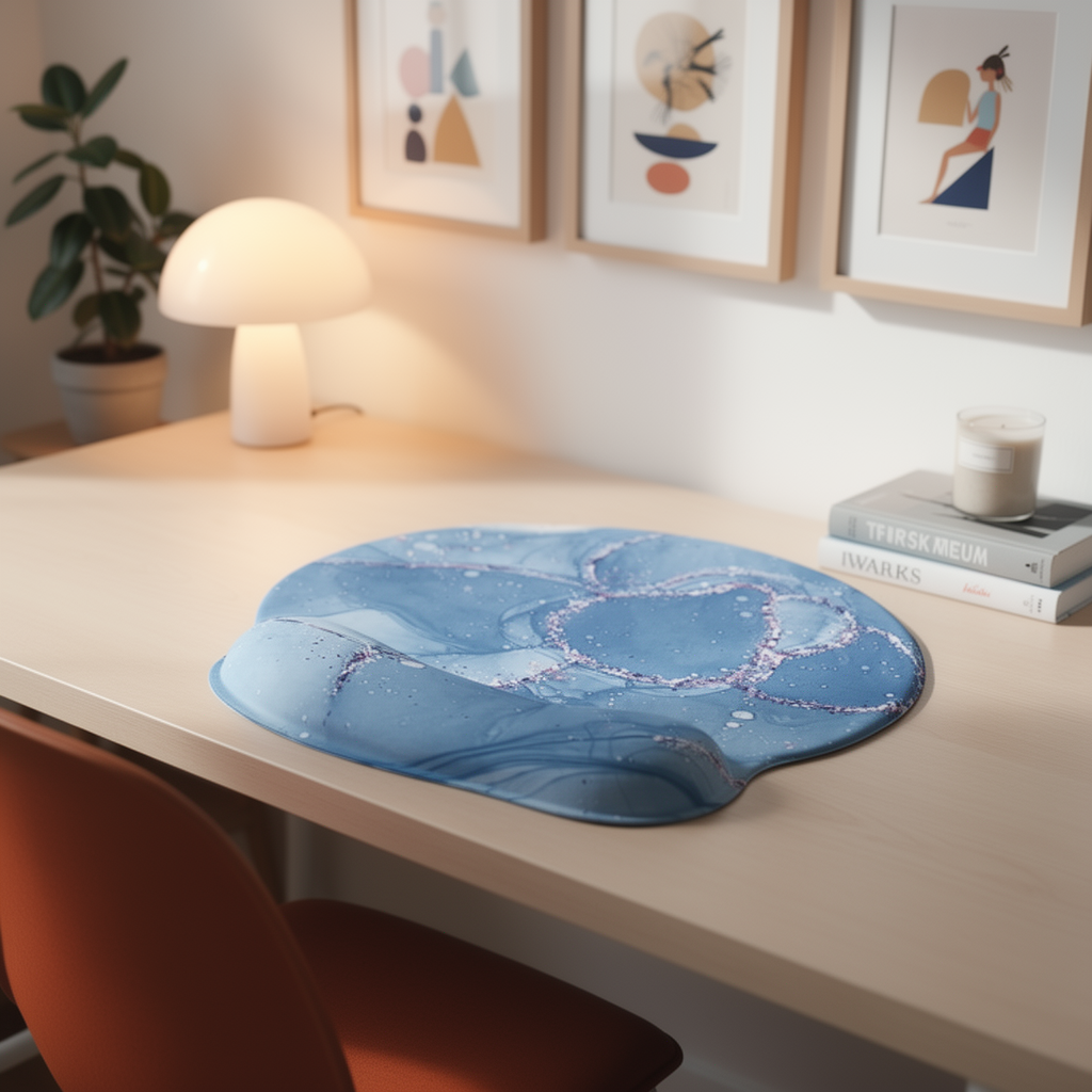 Mouse pad with gel wrist rest close up in lamplight