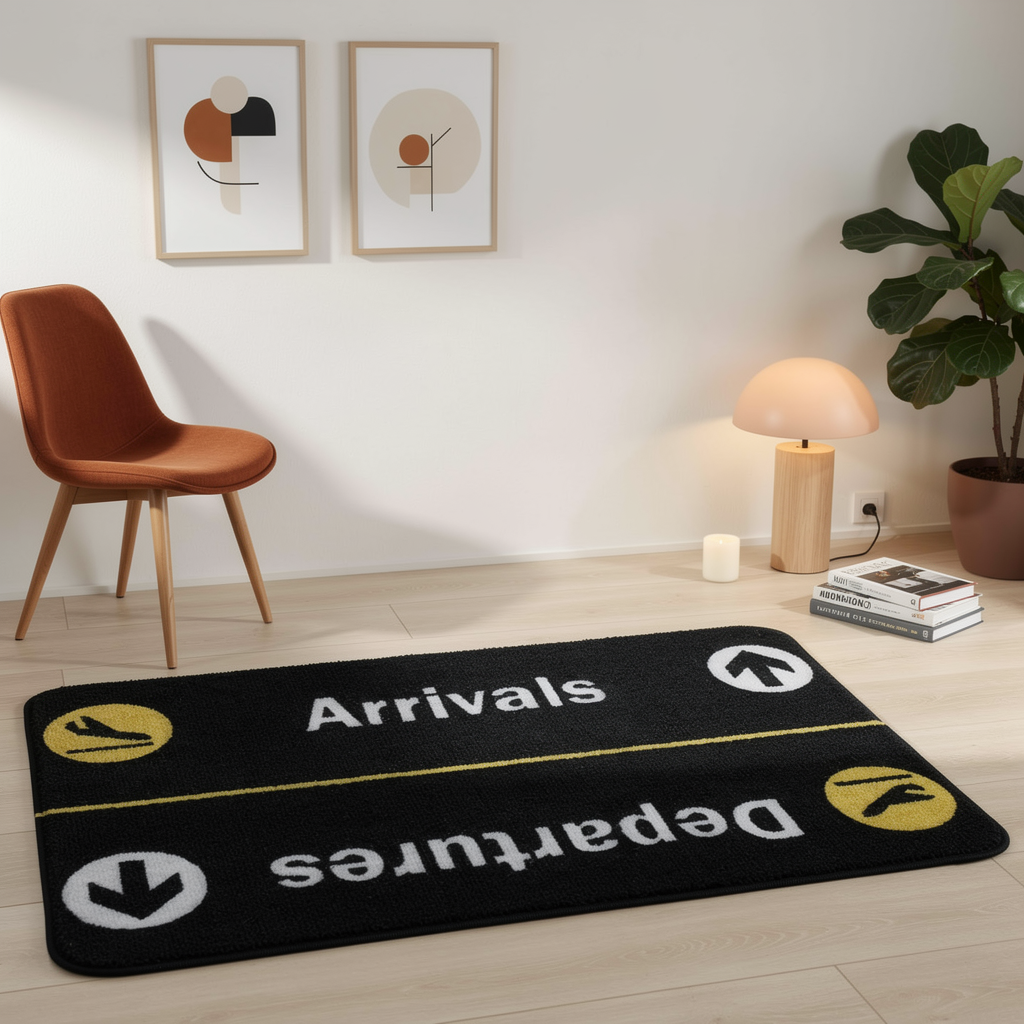 Flight theme crystal velvet doormat close up in warm light