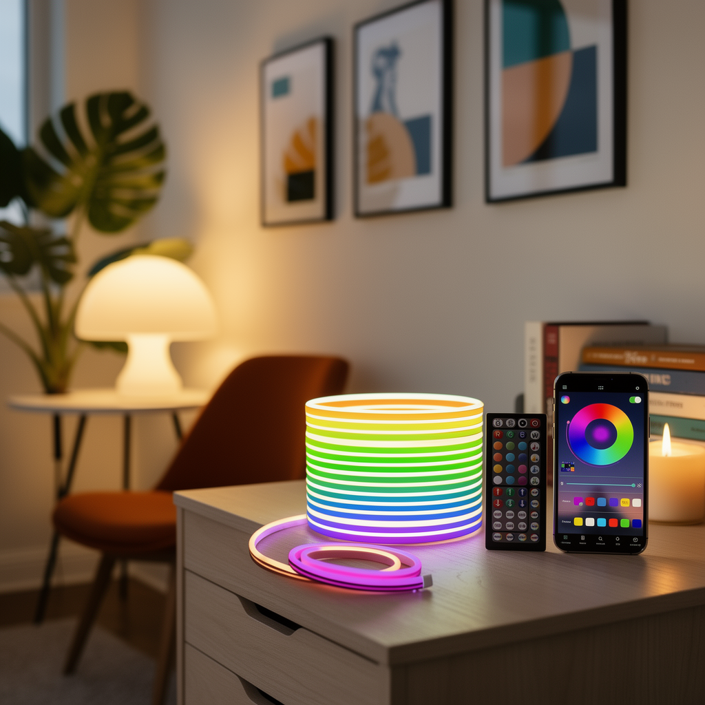 Neon LED rope light strip close up in warm lamplight
