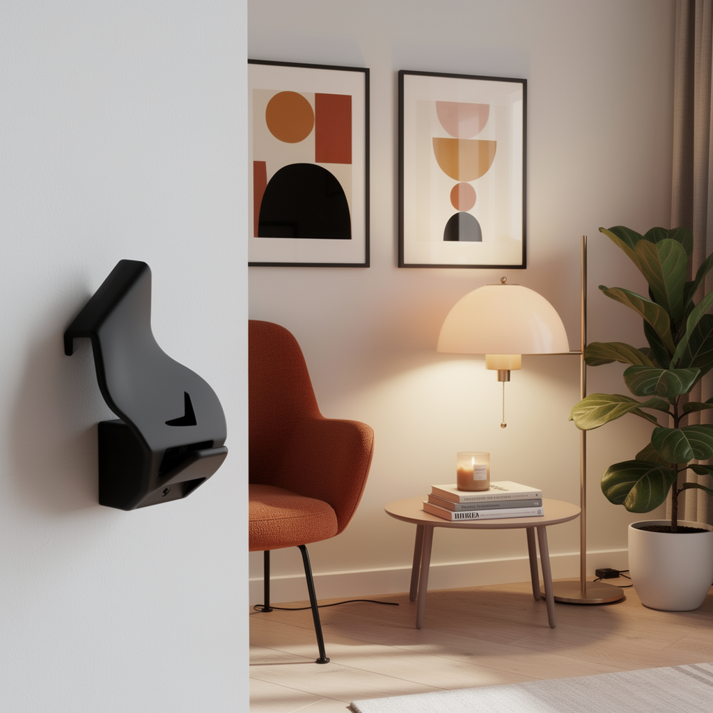 Headset storage rack holding a headset on a styled desk