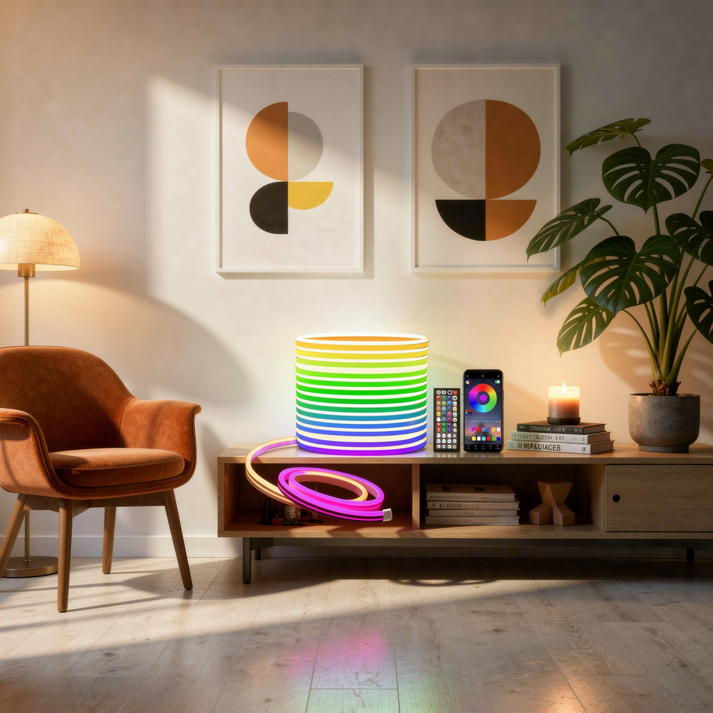 Neon LED rope lights styled in a modern bedroom