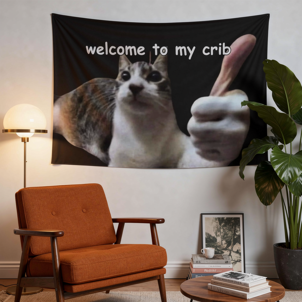 Funny cat tapestry wall hanging close up in warm light