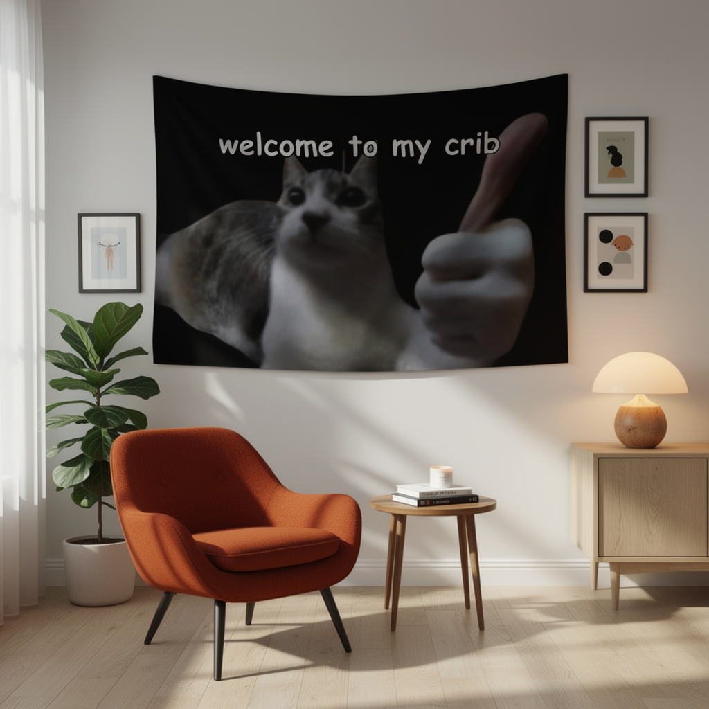 Welcome To My Crib funny cat tapestry hung on a wall