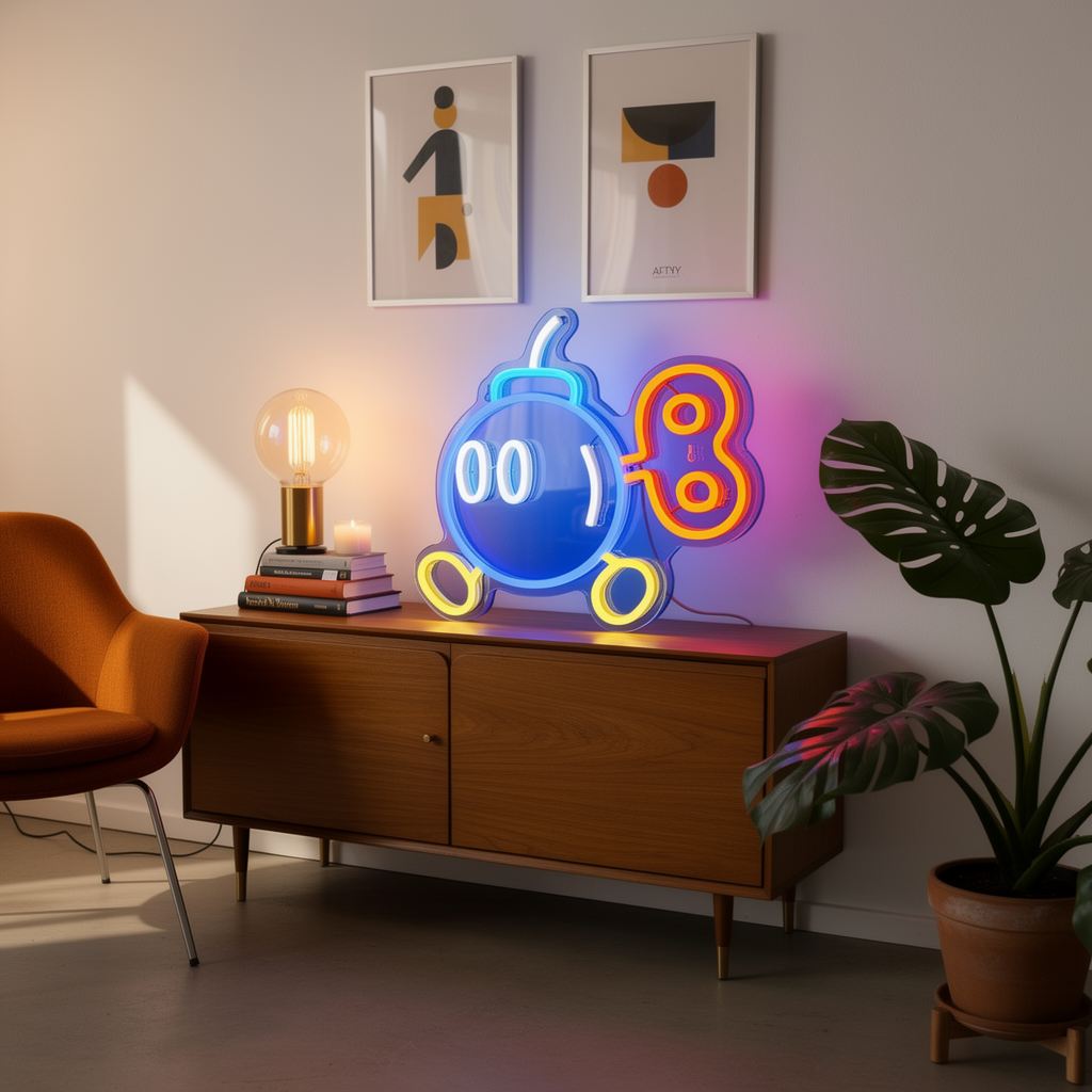 Gaming neon sign close up in warm evening light