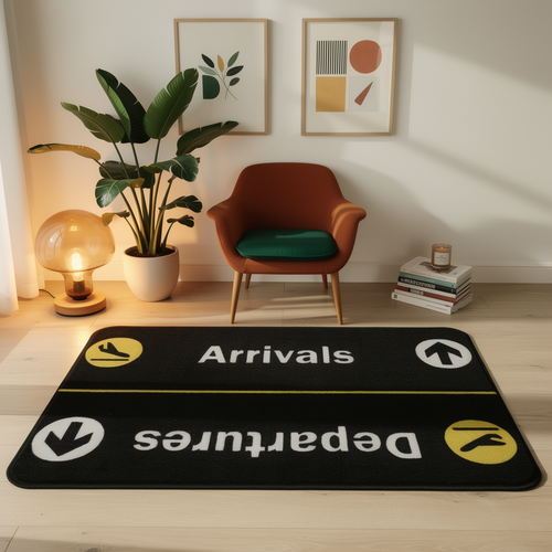 Arrival and departure flight theme doormat in an entryway