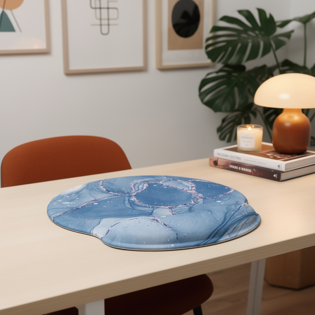 Mouse pad with gel wrist rest on a styled desk