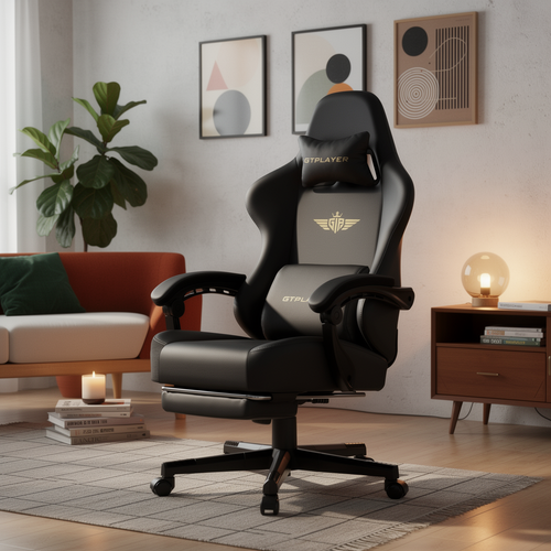 GTPLAYER fabric gaming chair close up in warm evening light