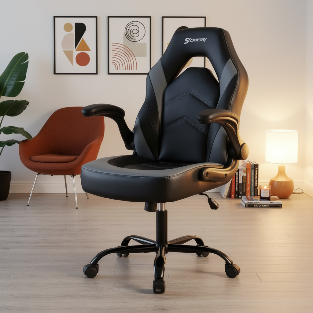 Leather gaming chair with flip-up arms close up in lamplight